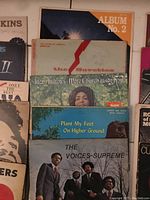 Front view of stacked vintage vinyl albums showing a range of gospel, soul and spiritual music artists.