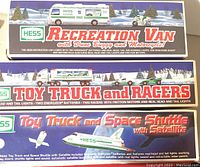 Box for Hess Recreation Van with Dune Buggy and Motorcycle, Toy Truck and Racers, and Toy Truck and Space Shuttle with Satellite showing product art and features