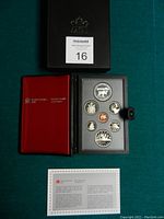 1985 Canadian Proof Set presented in black case with red pouch, showing coin faces and certificate of authenticity