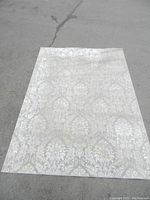 Full view of the rug laying flat on pavement, showing pattern details and size