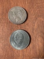Obverse sides of the 1923 Peace Silver Dollar and 1965 Churchill coin showing profiles of Lady Liberty and Winston Churchill respectively.
