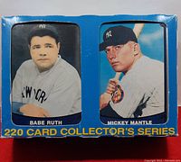 Front view of the box featuring portraits of Babe Ruth and Mickey Mantle in New York Yankees uniforms, indicating the card collection inside.