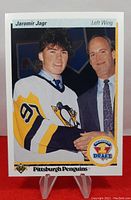 Front of Jaromir Jagr rookie hockey card showing photo, team, and NHL Draft logo.