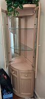 Front view of corner curio cabinet showing open glass doors revealing two glass shelves and mirrored back.