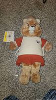 Full frontal view of the Teddy Ruxpin plush bear with one cassette tape included, showing clean condition and outfit details.