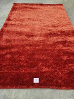 Full view of the vibrant red shag carpet laid flat on the floor showing size and color.
