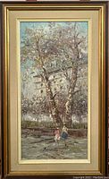 Framed vertical oil painting showing two birch trees, figures near water, and a building in background.