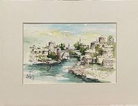 Full view of the signed original watercolour painting depicting a riverside town with a stone arch bridge and river.