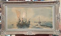 Full view of the framed vintage maritime painting showing two sailboats on calm water.