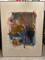 Full view of framed abstract artwork with mixed color layers and textured brushstrokes.