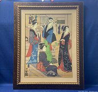Full framed woodblock print showing four geishas in colorful traditional kimono inside a building interior.