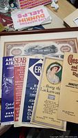 Framed stock certificate of Buffalo & Susquehanna Railroad with various vintage railroad and airline brochures and timetables on table.