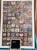 Framed Brewers Retail 60 Years poster showing vintage beer label collage