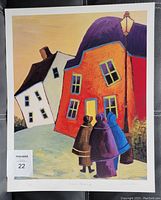 Full view of the print showing three figures, colorful buildings and overall condition