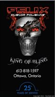 Promotional logo graphic for Felix Custom Polishing reading “King of Bling,” with contact phone and location