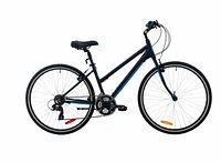 Full side view of black and blue Genesis Trafik 1.0 SE step-thru bike on white background
