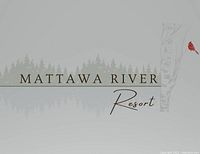 Mattawa River Resort logo sign with forest silhouette and birch tree graphic