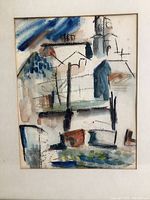 Close-up of the watercolor artwork showing abstract geometric shapes in blues, browns, and blacks with loose brush strokes.