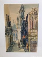 Close-up view of the watercolor painting showing architectural details and figure walking down the street