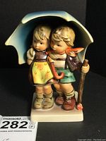 Front view of the figurine showing two children holding a large blue umbrella with detailed clothing and expressions.