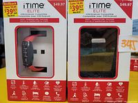 Photo of boxed iTime Elite smartwatches with clear window displays showing red and black silicone bands, highlighting product branding and features.
