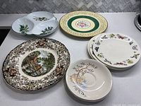 Overview of all plates and candy dish on counter showing variety and condition