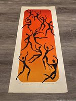Full view of the unframed lithograph showing elongated dancing black silhouette figures on a vertical orange gradient rectangle.