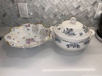 Soup tureen and fruit bowl side by side on kitchen counter showing overall shapes, colors, and decoration.