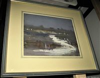 Framed impressionist oil painting showing landscape scene under glass with beige mat and gray frame.