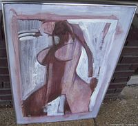 Framed abstract nude lady oil painting, side view on ground outside, showing entire painting and frame.
