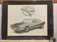 Framed black and white pencil drawing showing the entire framed artwork of 'Rock 'N' Roll Machine '89'.
