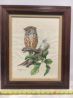 Full view of the framed owl painting with wood frame and measuring tape showing size.