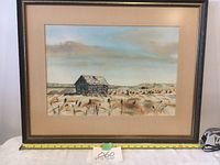 Frontal view of the framed watercolour showing the detailed landscape with the cabin and field under sky.