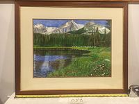 Full framed landscape painting showing entire artwork with lake, forest, and mountains, with measuring tape at bottom for scale.