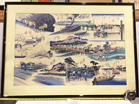 Frontal photo of the large framed Japanese serigraphy artwork depicting multiple scenic scenes with blue tones and artistic brush touchups.