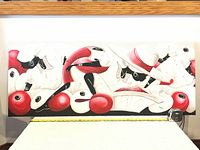 Original large oil painting on canvas mounted, not framed, showing full view with measurement tape for scale.