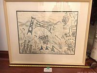 Framed limited edition mixed media artwork showing abstract representation of a bridge, mountains, and other architectural and geometric elements.