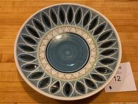 Top view photo showing the entire pottery bowl with its intricate painted pattern and coloration.