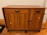 Closed view of wooden cabinet on wheels with paneled doors and black metal handles.