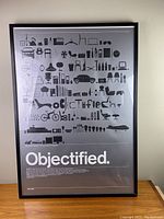 Full view of the Objectified framed movie poster leaning against a wall showing the subject clearly with excellent lighting.