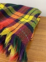 Close-up showing multi-colored wool tartan weave and fringed edges.