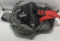 Side view of the black and gray XX-Small dog backpack with a zippered pocket and a red strap buckle