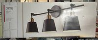 Photo of the unopened box featuring the Canvas Wellesley 3-light vanity fixture with matte black finish including the dimensions and style.