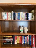 Wooden bookshelf with various novels and reference books along with stone owl bookends visible on middle shelf.