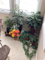 Wide view showing group of faux plants of different sizes and types in various planters and pots, with some trailing greenery plants on the floor and the driftwood art piece near the plants.