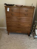 Full front view of the Knetchel solid wood MCM dresser with six drawers, showing the overall condition and design.