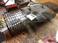Full view of metal small animal live trap cage showing cage body, handle, and base plate on wooden surface.