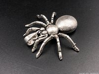 Image showing three-dimensional sterling silver spider pendant with detailed legs and textured body on a black background.