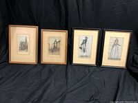 Four Victorian framed paintings displayed against black backdrop. Two depict architectural structures, two show portraits. Frames vary in wood tone and style.