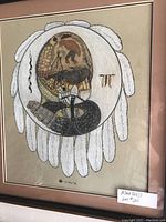 Full view of framed pastel artwork titled 'Snake Vision Shield' showing detailed tribal design with snake, bird, human figure, and white feathers.